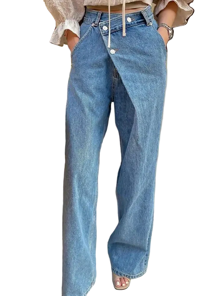 Women's Slanted Pleated High Waisted Blue Jeans