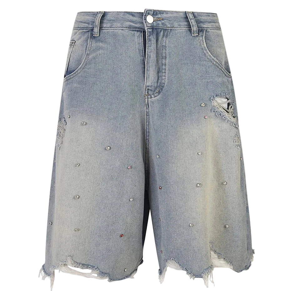 Men's Studded Ripped Jeans Shorts